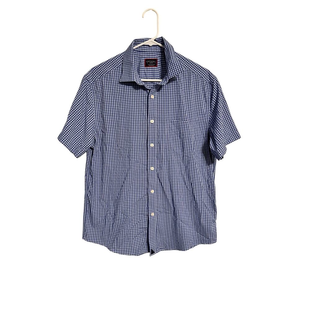 UNTUCKit Blue Plaid Short Sleeve Button Down Shirt Size Medium Nylon Blend